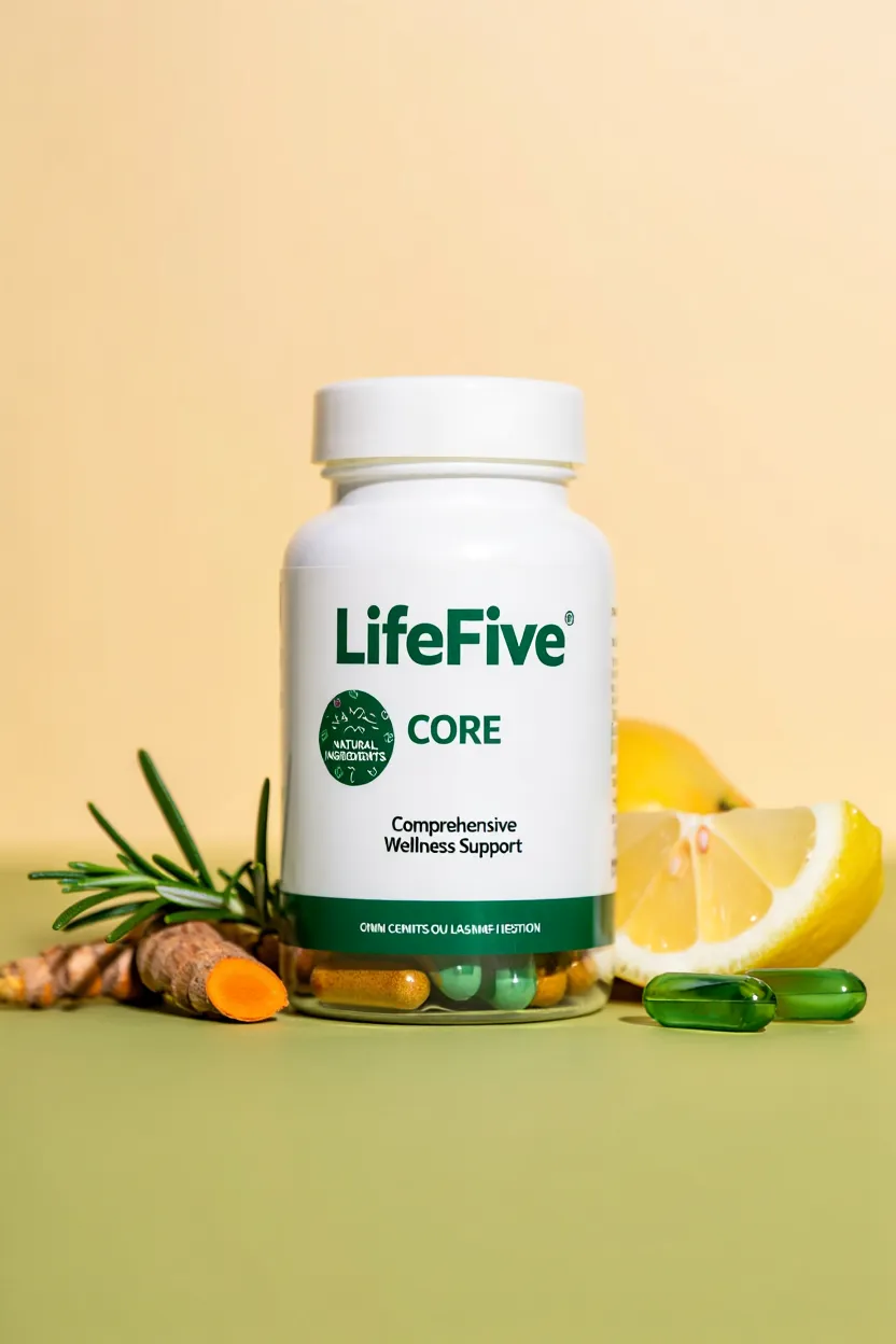 LifeFive Core dietary supplement bottle with natural ingredients for comprehensive wellness support